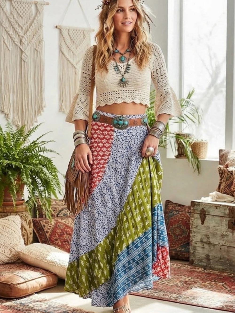 NWT Boho Patchwork Maxi Skirt in Green & Blue